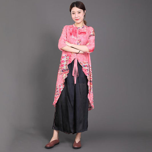 High Low Hem Lacing Printed Pink Shirt