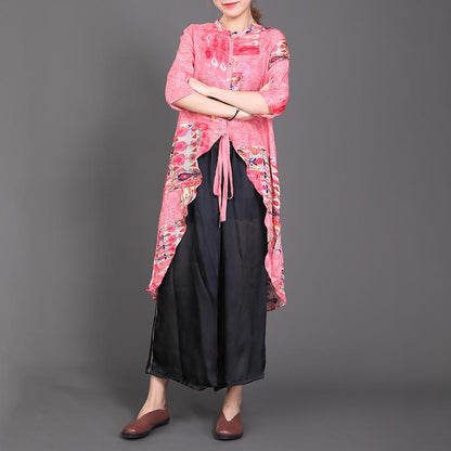 High Low Hem Lacing Printed Pink Shirt