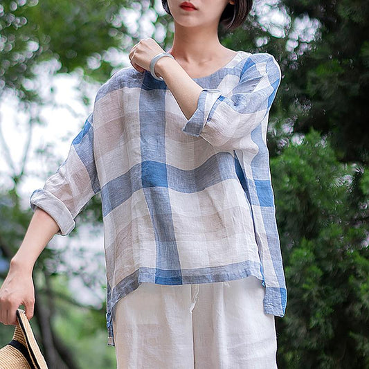 High Low Hem Plaid Casual Plus Size Blouse