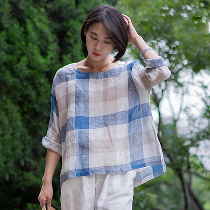 High Low Hem Plaid Casual Plus Size Blouse