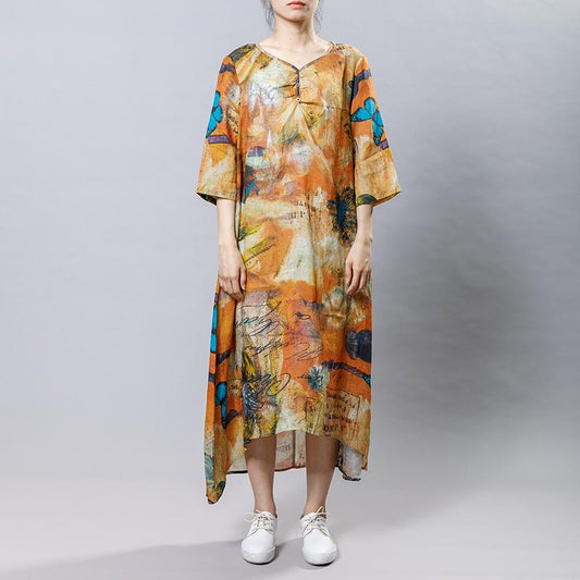 High Low Hem Printed Three Quarter Sleeve Dress