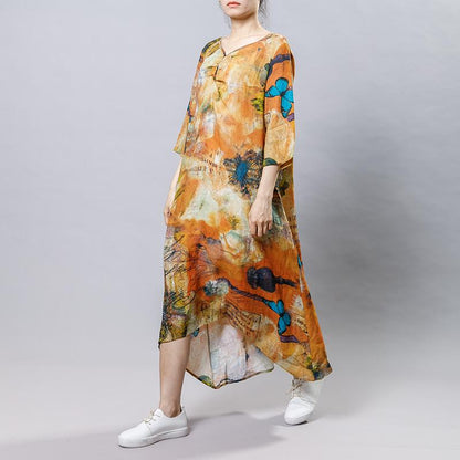 High Low Hem Printed Three Quarter Sleeve Dress