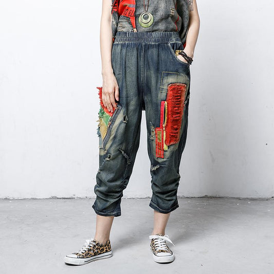 Hole Patchwork Contrast Color Casual Jeans