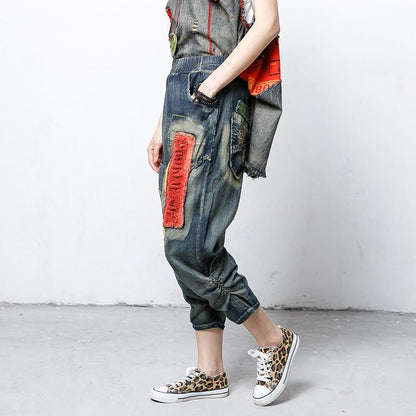 Hole Patchwork Contrast Color Casual Jeans