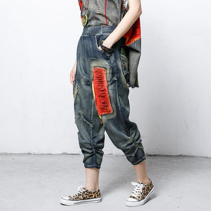 Hole Patchwork Contrast Color Casual Jeans