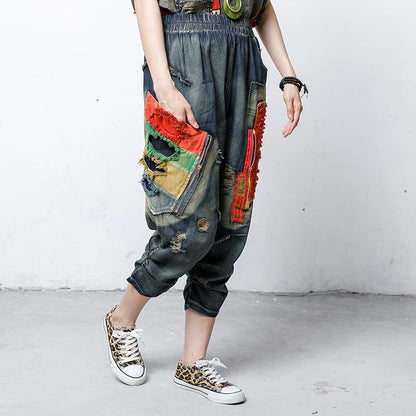 Hole Patchwork Contrast Color Casual Jeans