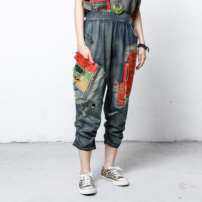 Hole Patchwork Contrast Color Casual Jeans