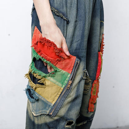 Hole Patchwork Contrast Color Casual Jeans