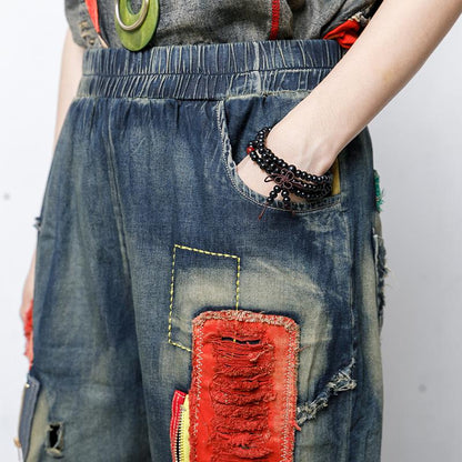Hole Patchwork Contrast Color Casual Jeans