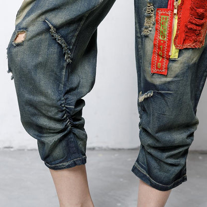 Hole Patchwork Contrast Color Casual Jeans