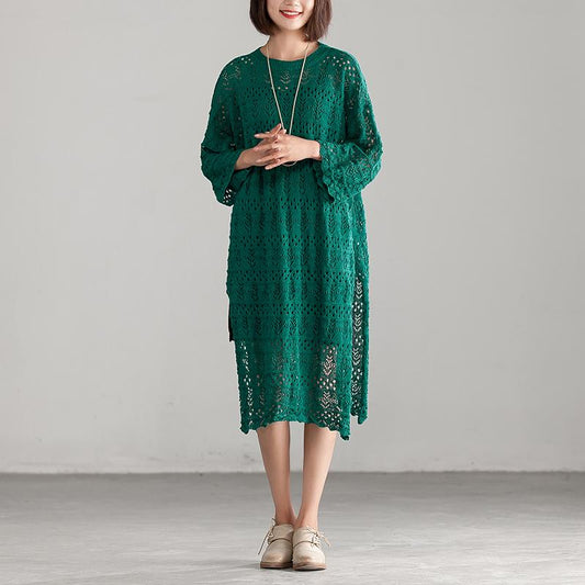 Hollow Green Long Sleeve Casual Knitted Dress