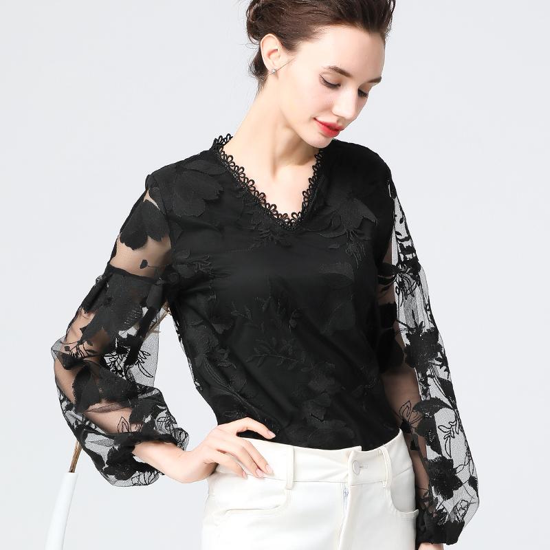 Hollow Out V-Neck Lace Plus Size Shirt