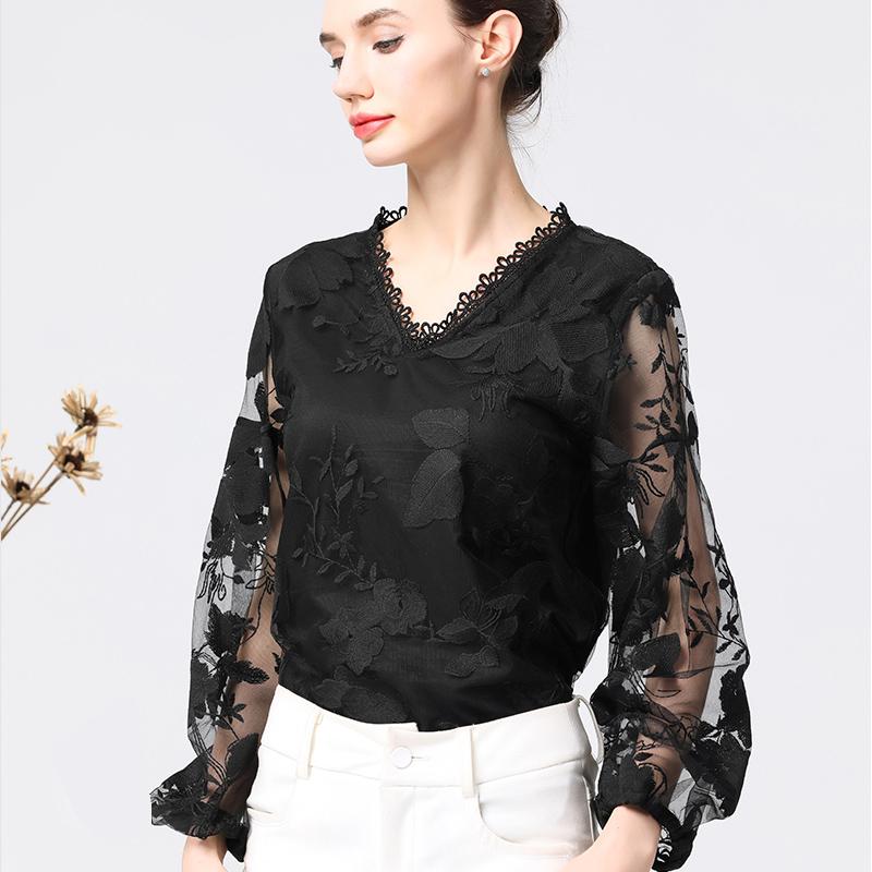 Hollow Out V-Neck Lace Plus Size Shirt