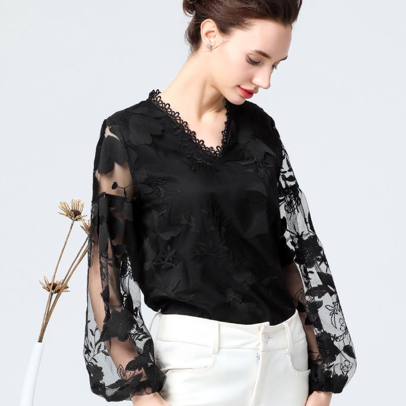 Hollow Out V-Neck Lace Plus Size Shirt