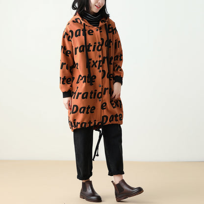 Letter Print Women Winter Hooded Coat