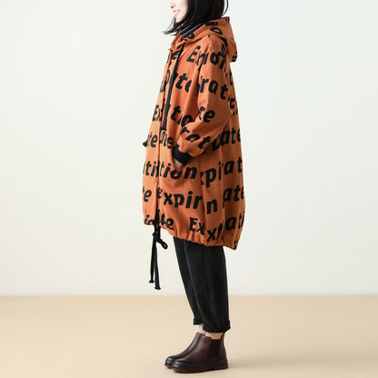 Letter Print Women Winter Hooded Coat