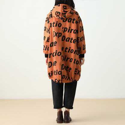 Letter Print Women Winter Hooded Coat