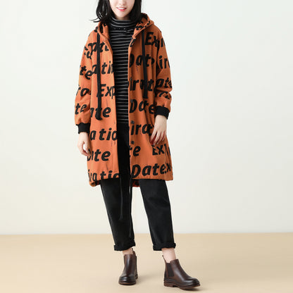 Letter Print Women Winter Hooded Coat