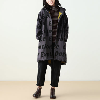 Letter Print Women Winter Hooded Coat
