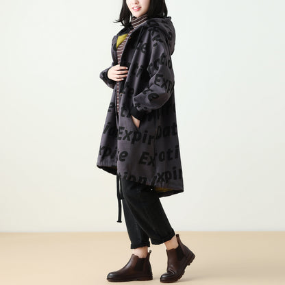 Letter Print Women Winter Hooded Coat