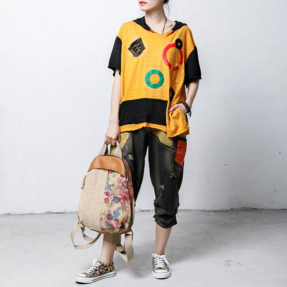 Hooded Short Sleeve Patch Designs Blouse