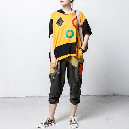 Hooded Short Sleeve Patch Designs Blouse