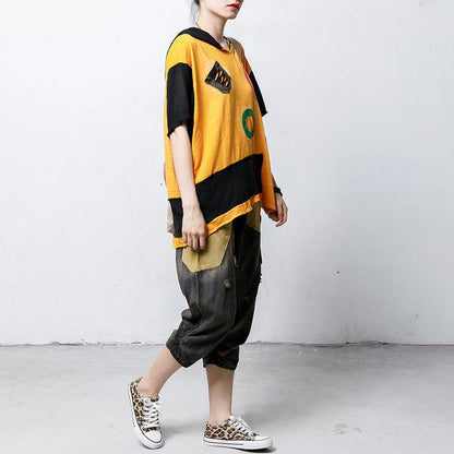 Hooded Short Sleeve Patch Designs Blouse