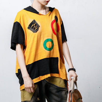 Hooded Short Sleeve Patch Designs Blouse