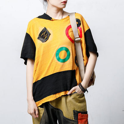 Hooded Short Sleeve Patch Designs Blouse