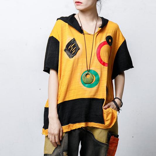 Hooded Short Sleeve Patch Designs Blouse
