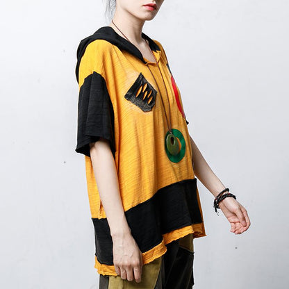 Hooded Short Sleeve Patch Designs Blouse