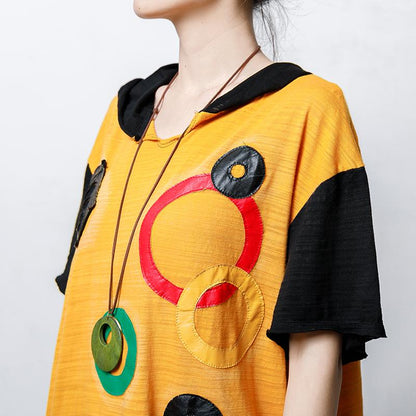 Hooded Short Sleeve Patch Designs Blouse