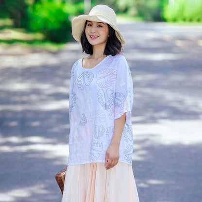 Casual Loose Literature Women Printing White Shirt
