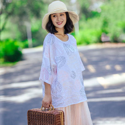 Casual Loose Literature Women Printing White Shirt