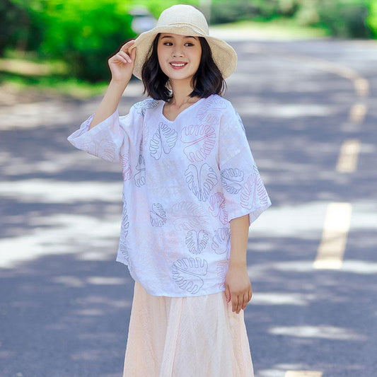 Casual Loose Literature Women Printing White Shirt