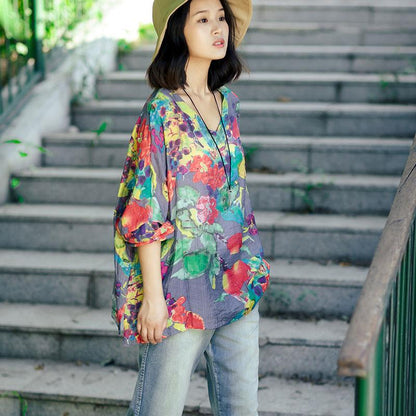 Summer Women Retro Floral Printing Cotton Linen Loose Shirt