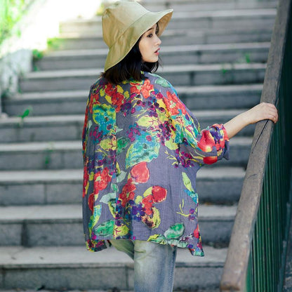 Summer Women Retro Floral Printing Cotton Linen Loose Shirt