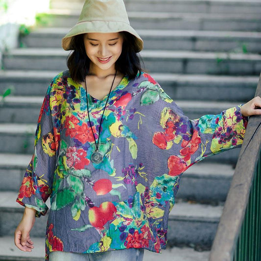 Summer Women Retro Floral Printing Cotton Linen Loose Shirt