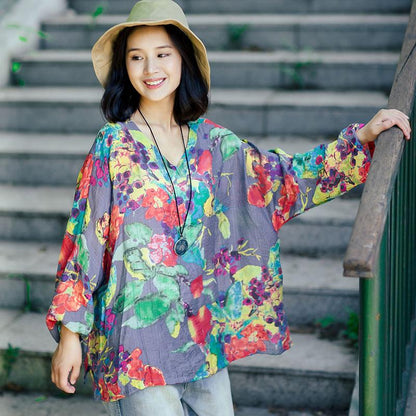 Summer Women Retro Floral Printing Cotton Linen Loose Shirt