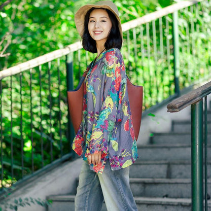 Summer Women Retro Floral Printing Cotton Linen Loose Shirt