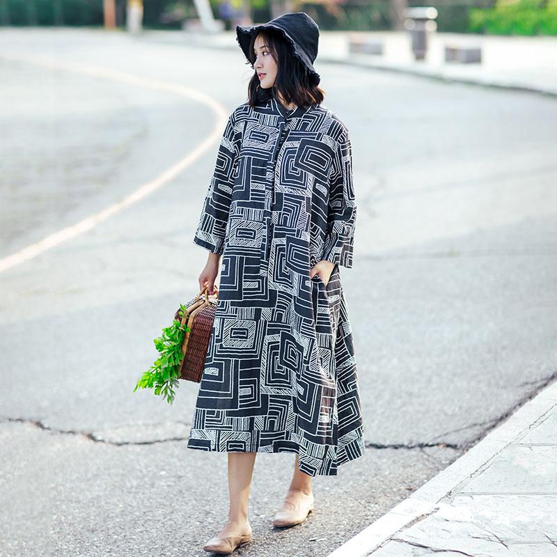 Retro Stand Collar Printed Women Black Dress