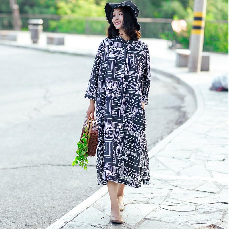 Retro Stand Collar Printed Women Black Dress