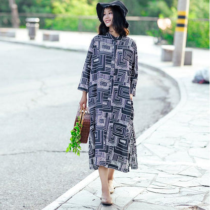 Retro Stand Collar Printed Women Black Dress