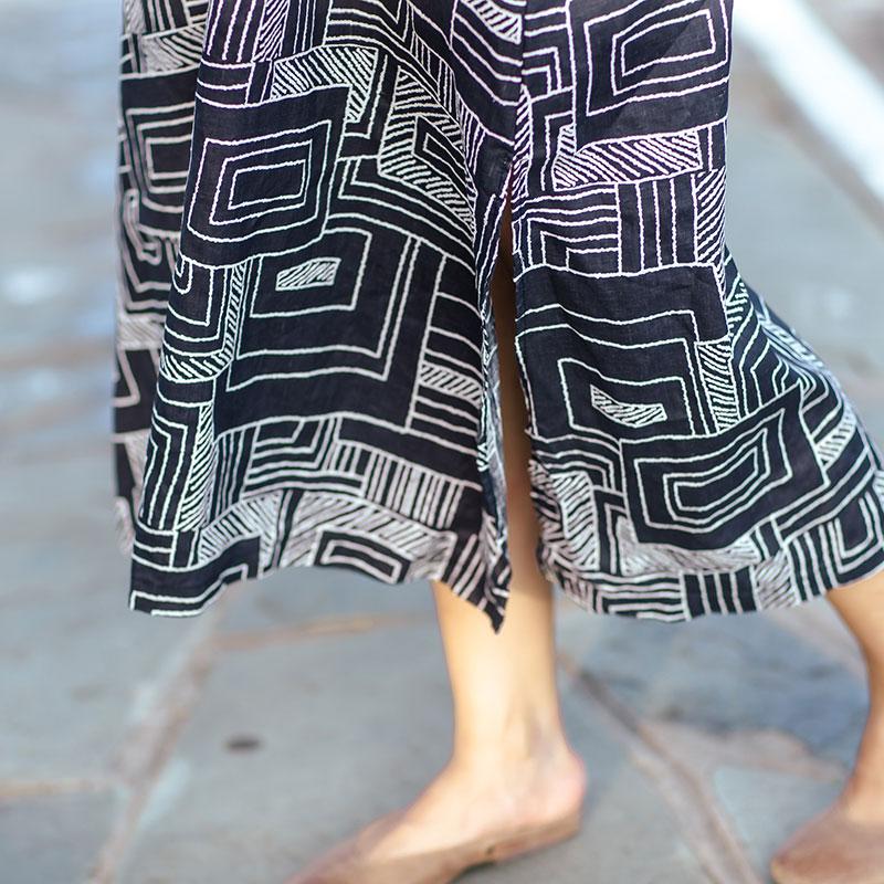 Retro Stand Collar Printed Women Black Dress