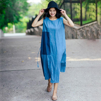 Individual Women Linen Splicing Strap Light Blue Sleeveless Dress