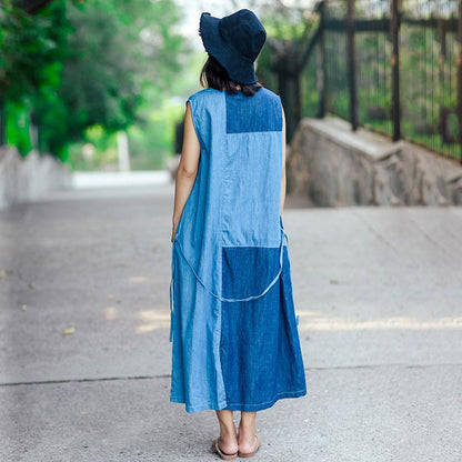 Individual Women Linen Splicing Strap Light Blue Sleeveless Dress