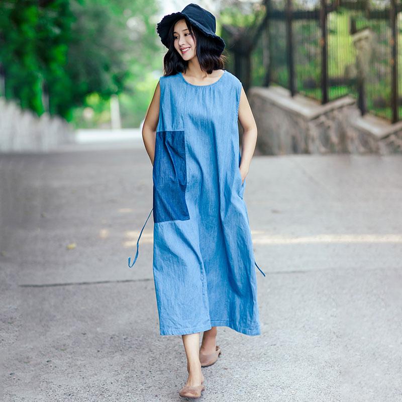 Individual Women Linen Splicing Strap Light Blue Sleeveless Dress
