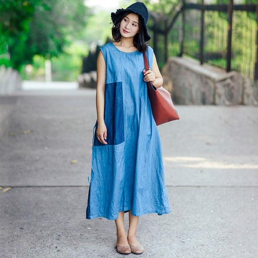 Individual Women Linen Splicing Strap Light Blue Sleeveless Dress