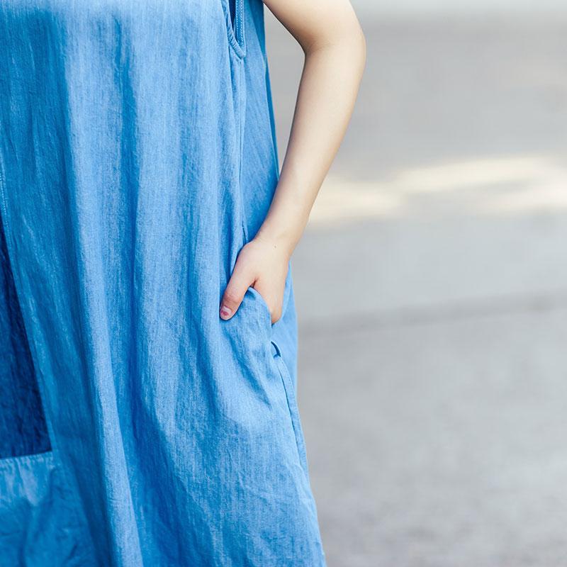 Individual Women Linen Splicing Strap Light Blue Sleeveless Dress