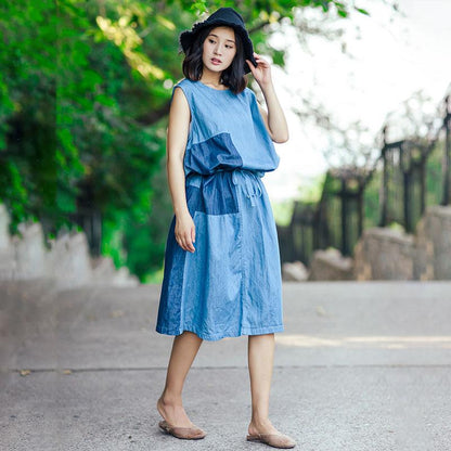 Individual Women Linen Splicing Strap Light Blue Sleeveless Dress